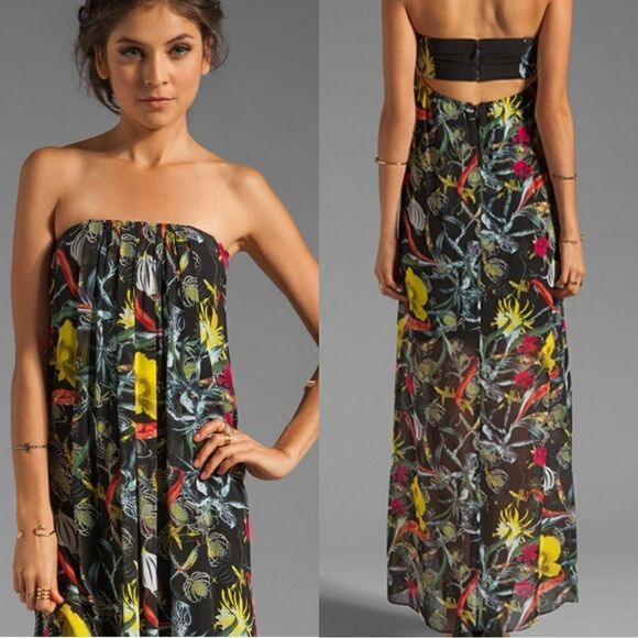 Alice + Olivia Nareen Strapless Gathered Drape Maxi Dress in Amazon Floral Print - Picture 1 of 9